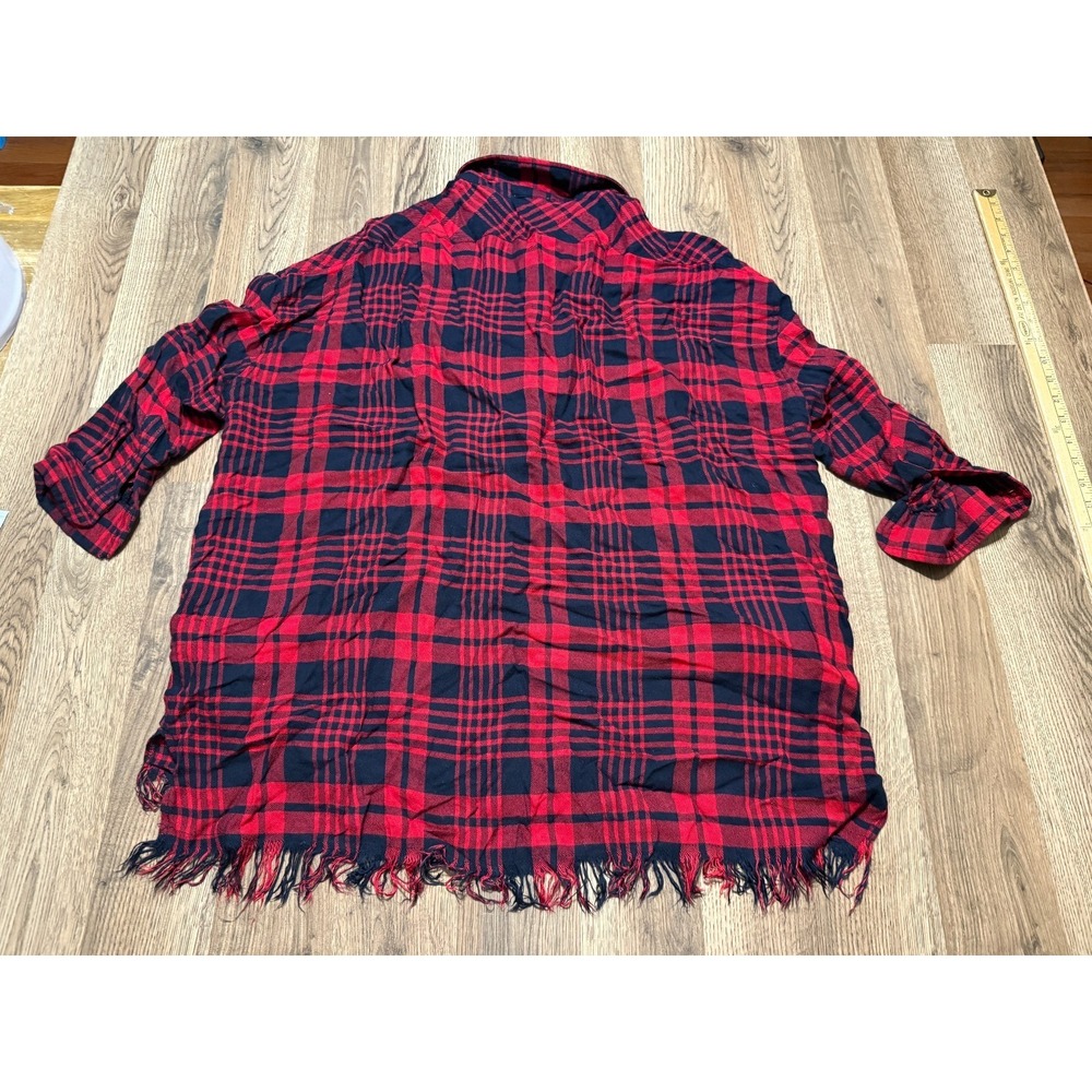 Umgee Shirt, Womens Size Small, Red Black Plaid Long Sleeve Button Up Frayed Hem - Picture 2 of 9